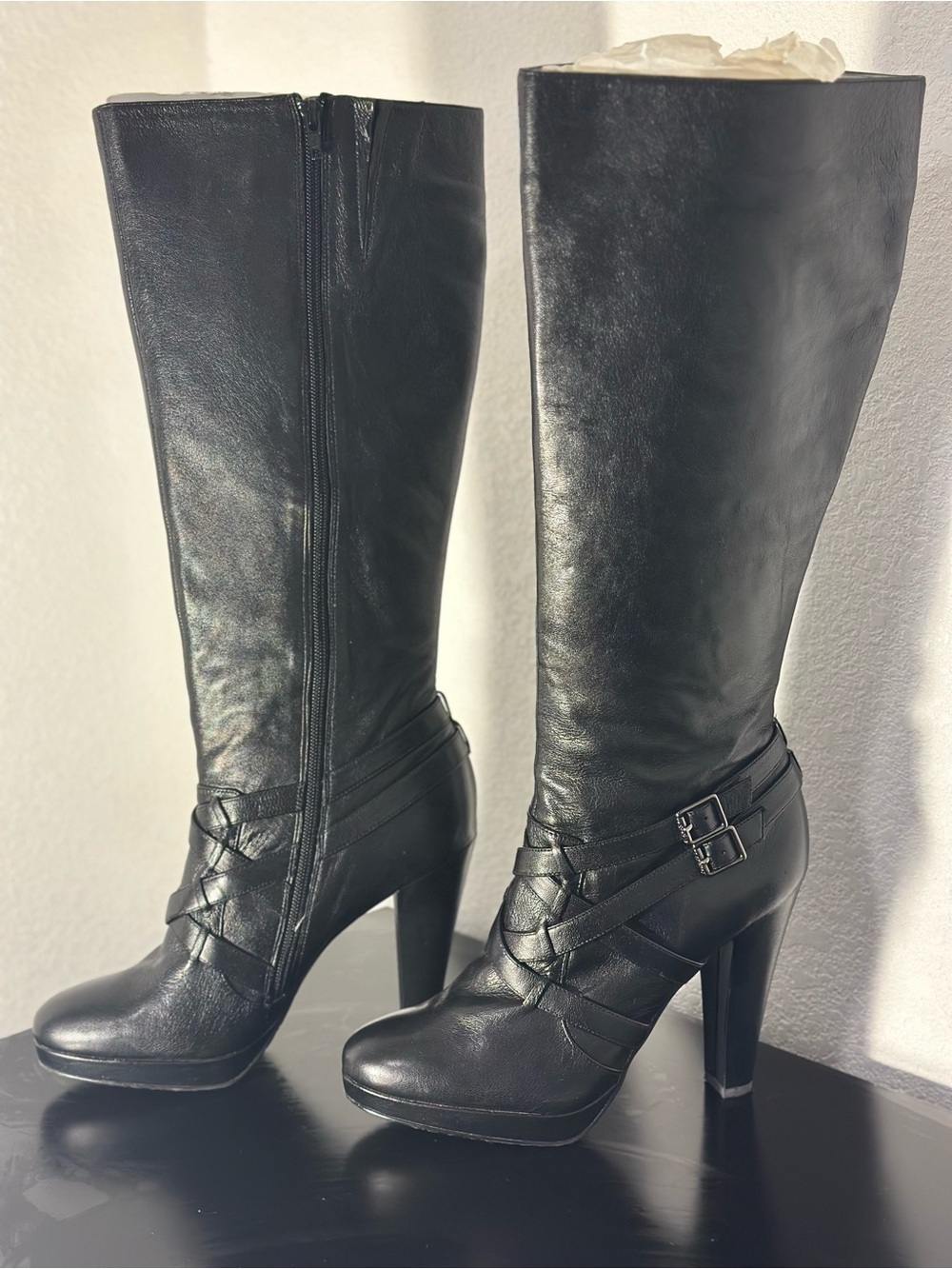 Calvin Klein Black Leather Knee-High Buckle Strap Heeled Boots